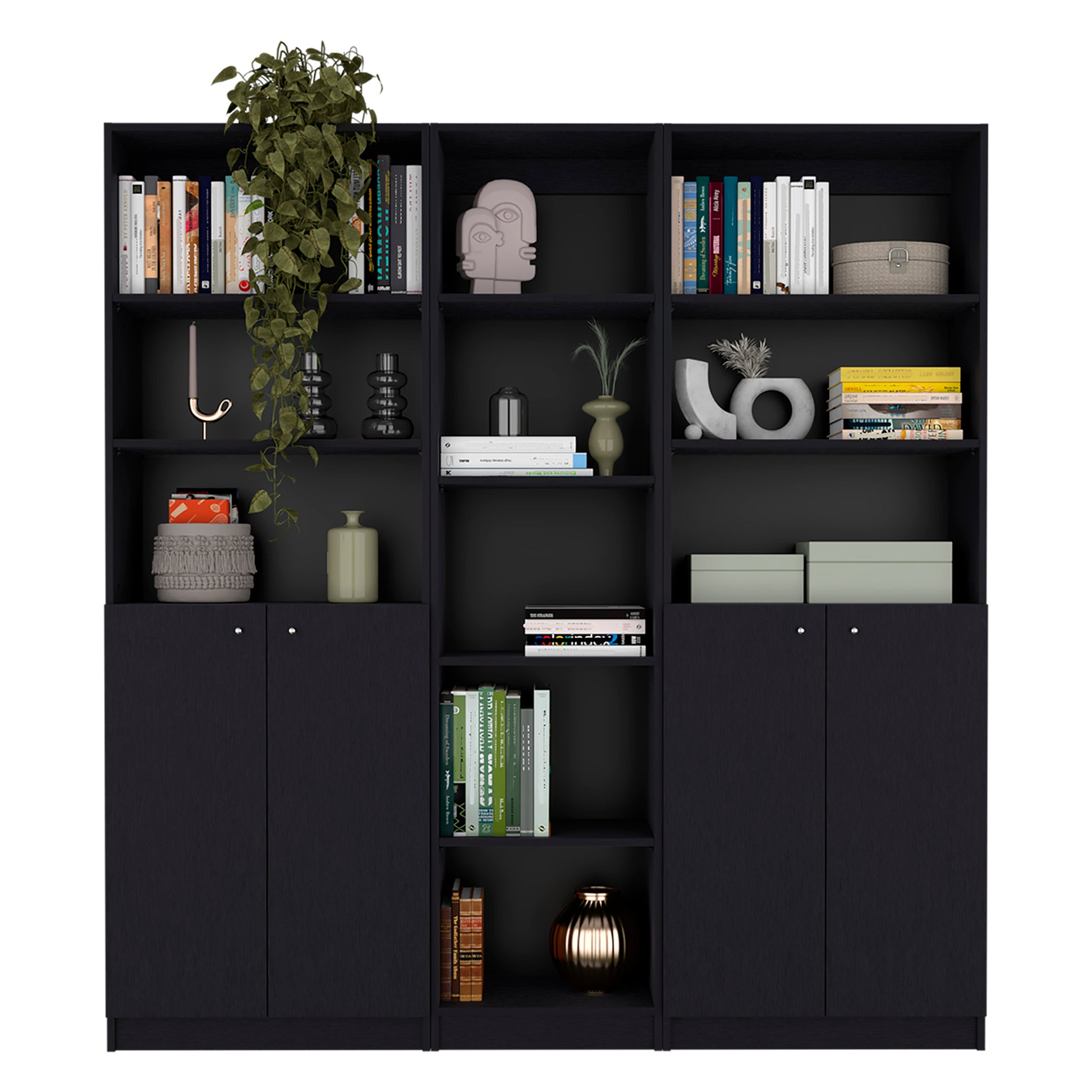 Modern black bookshelf with a trailing green plant and diverse decor items