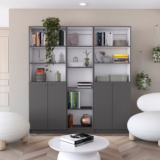 Modern grey and white bookshelf with decorative vases and books perfect for home organization