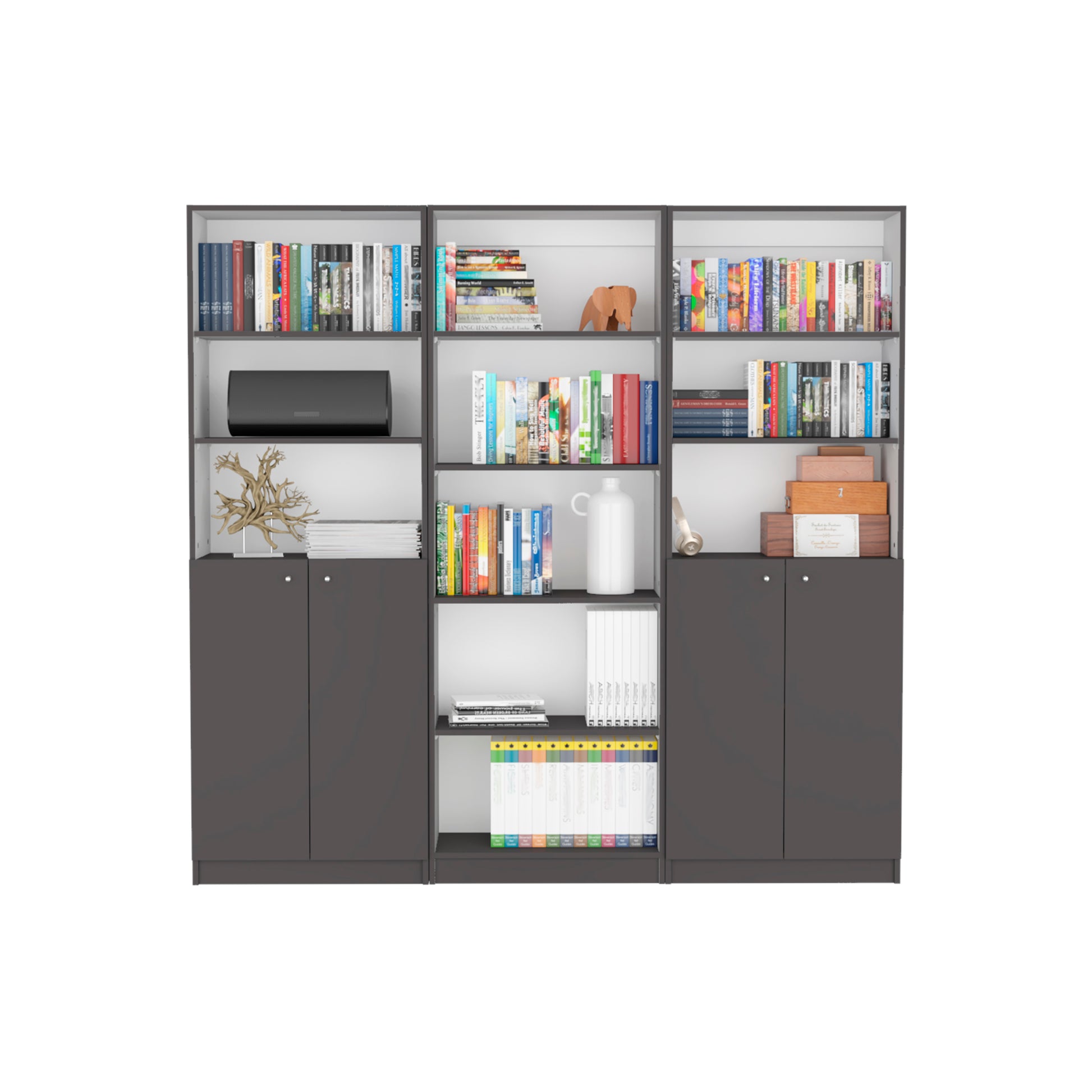Modern grey and white modular bookshelf filled with books and decor