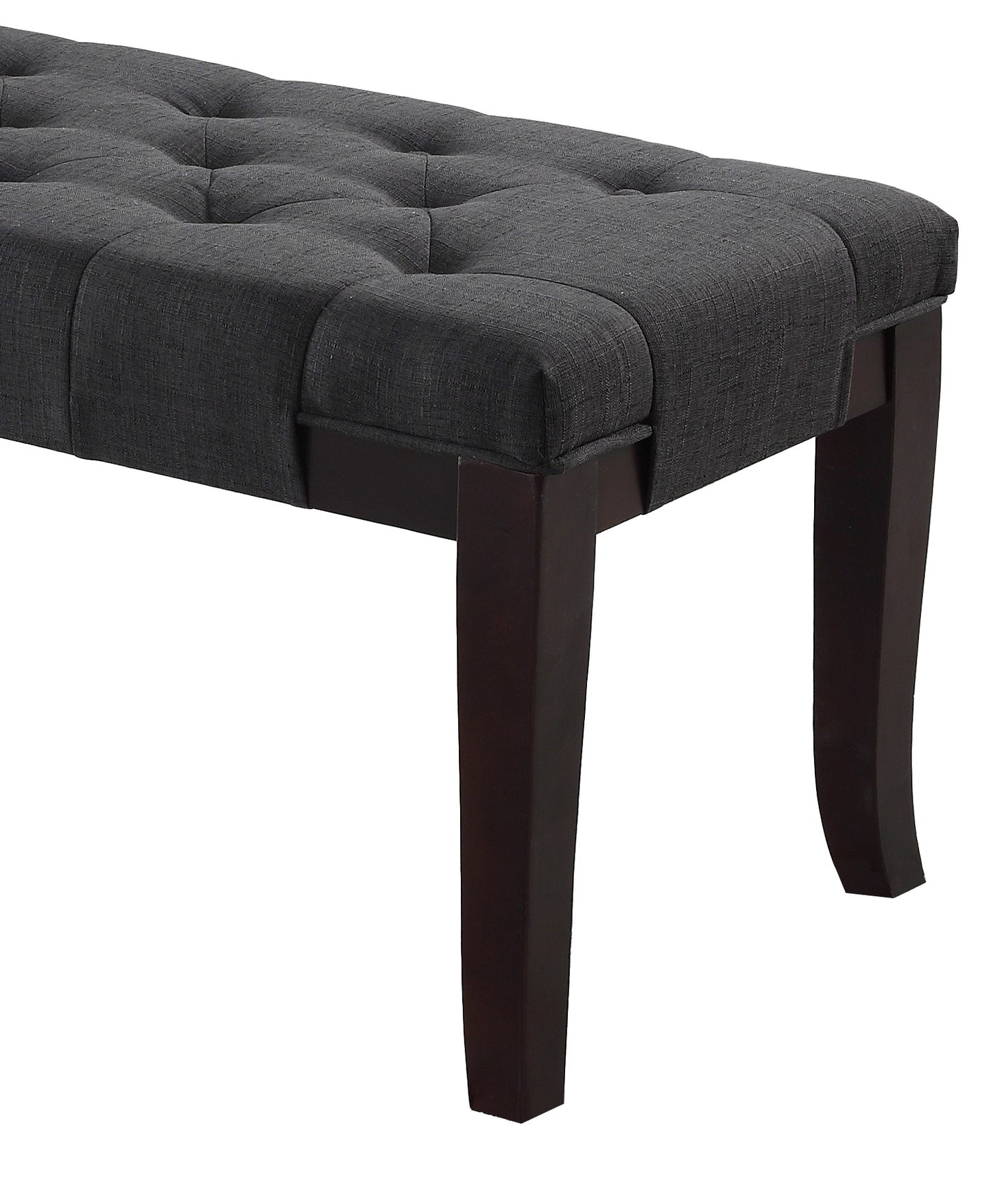 Dark grey tufted upholstered bench with dark wood legs