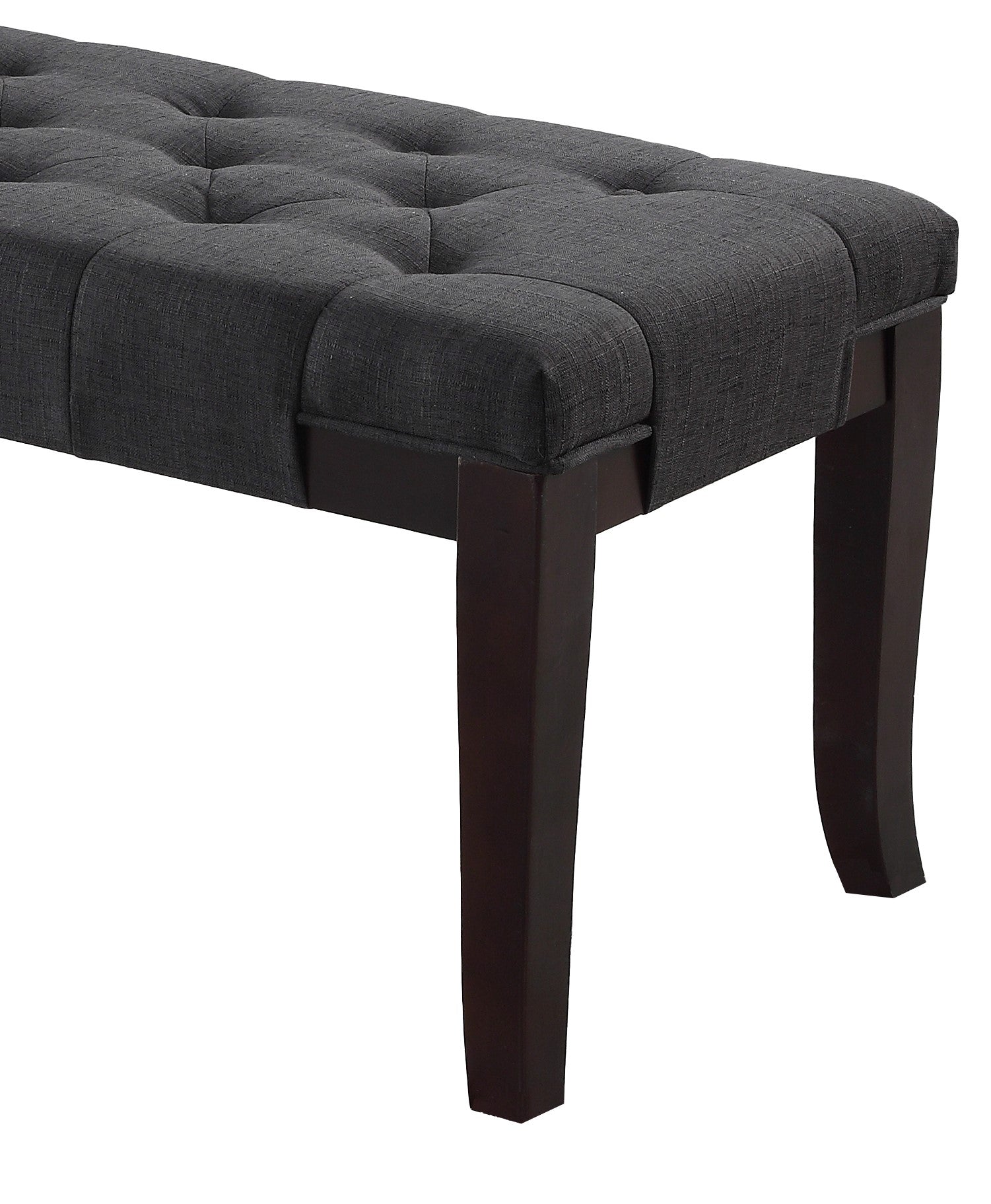 Dark grey tufted upholstered bench with dark wood legs