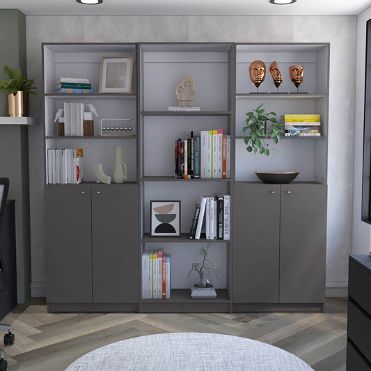 Modern gray modular bookshelf with open shelving and closed cabinets