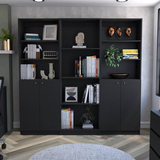 Modern black modular bookshelf unit with decorative items and books