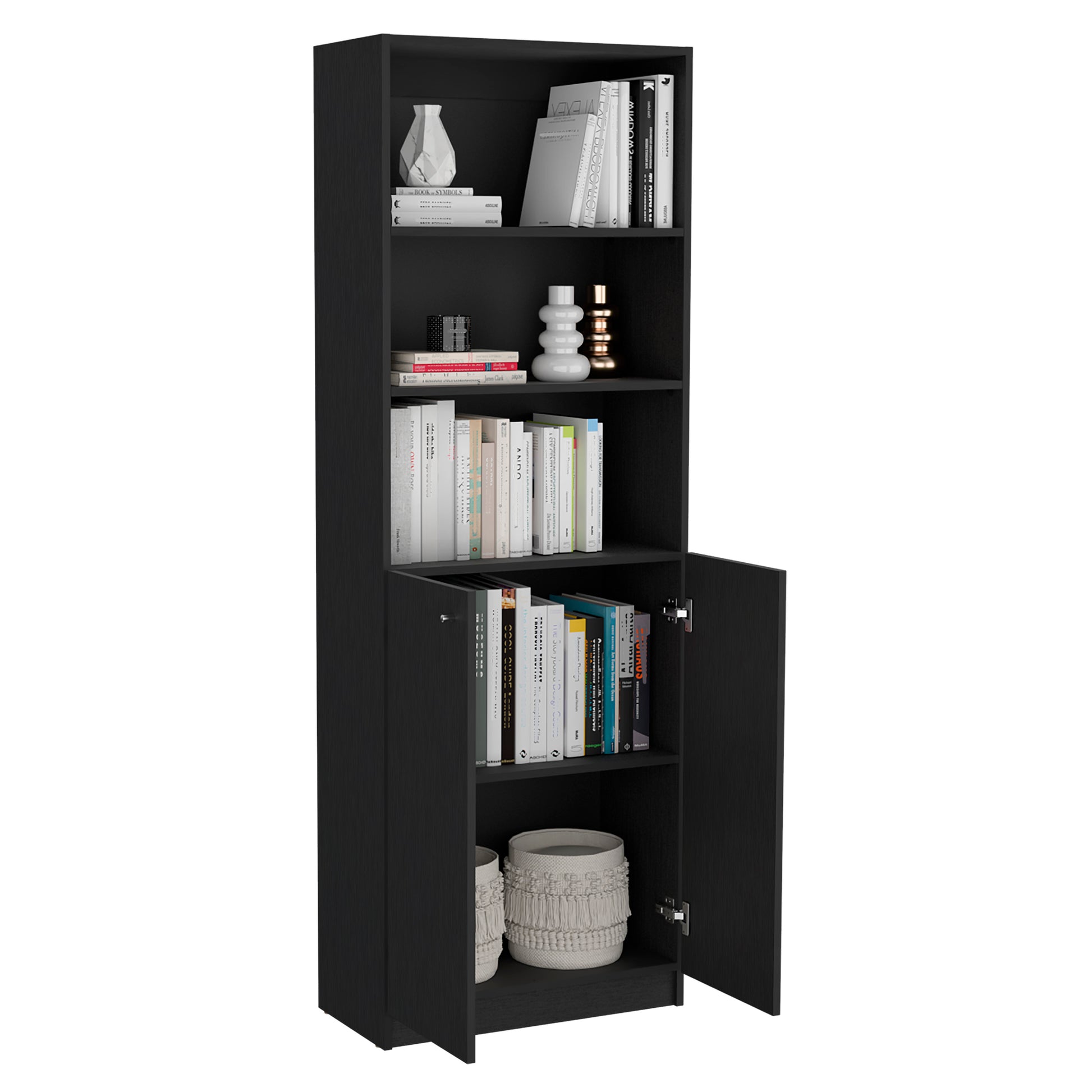 Tall black bookshelf with open shelves displaying books and decorative vases