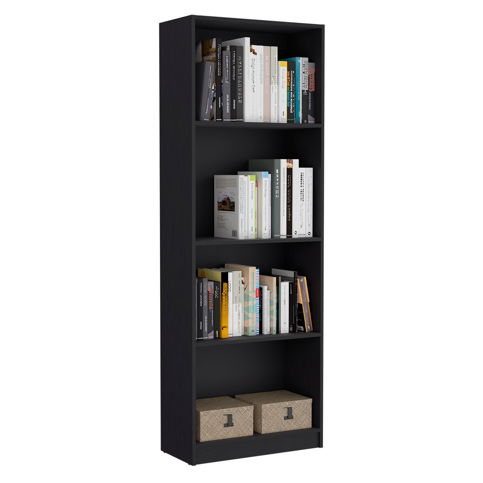 Black fiveshelf modern bookshelf with books and two woven storage baskets