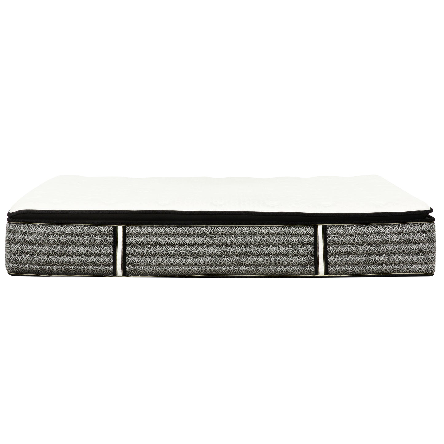 Plush white top mattress with intricate grey geometric patterned sides and gold trim for comfortable sleep