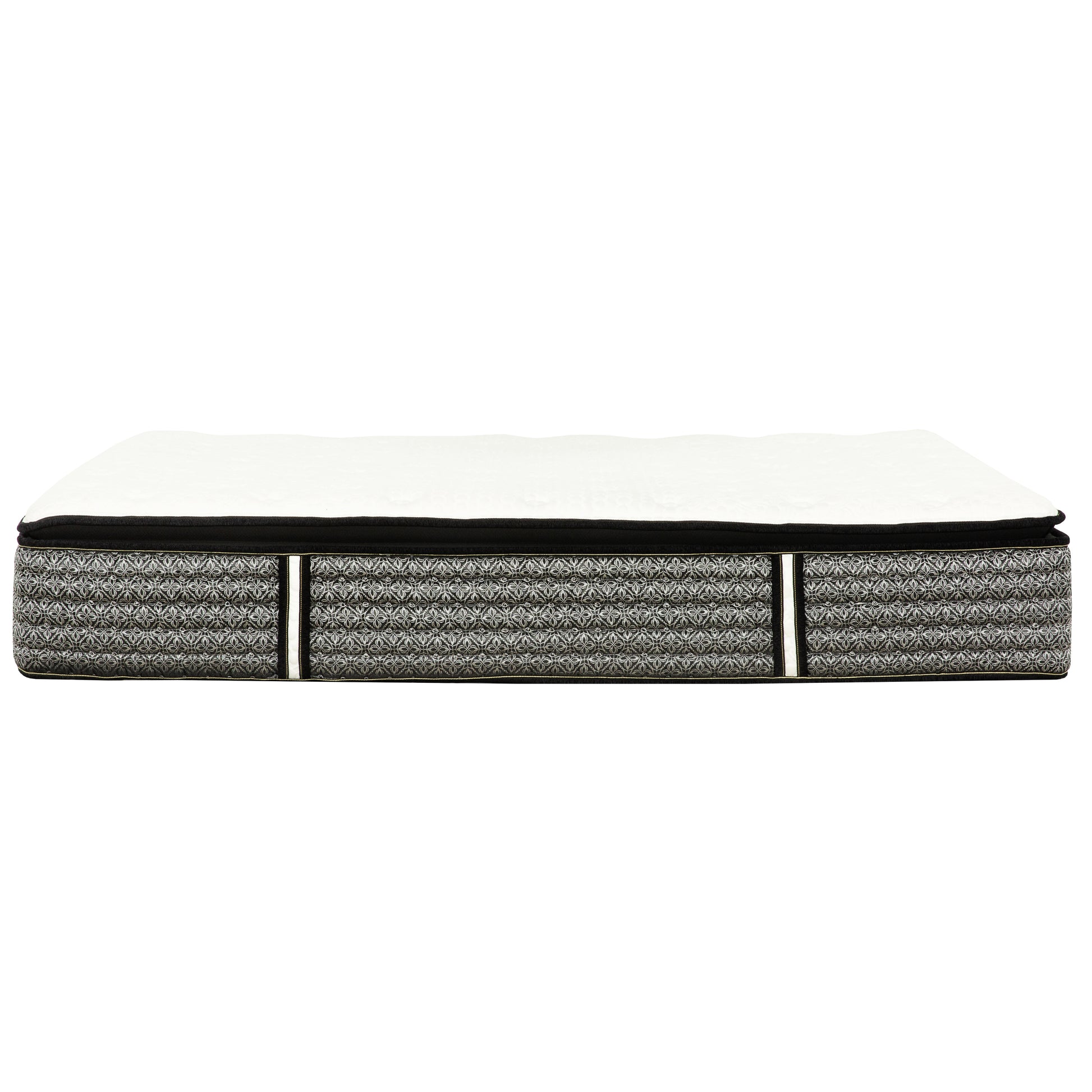 Plush white top mattress with intricate grey geometric patterned sides and gold trim for comfortable sleep