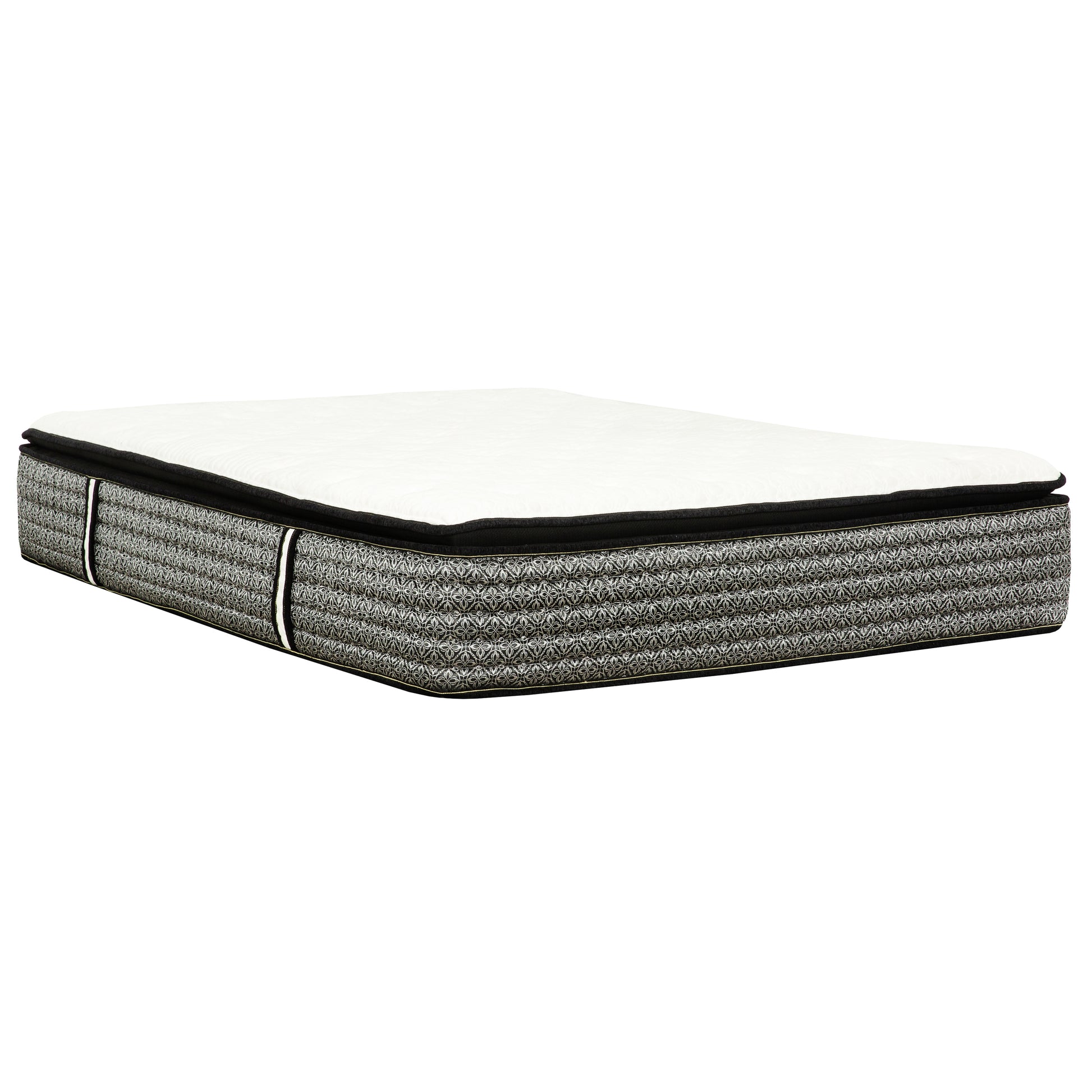 Plush white top mattress with a gray patterned side and black trim