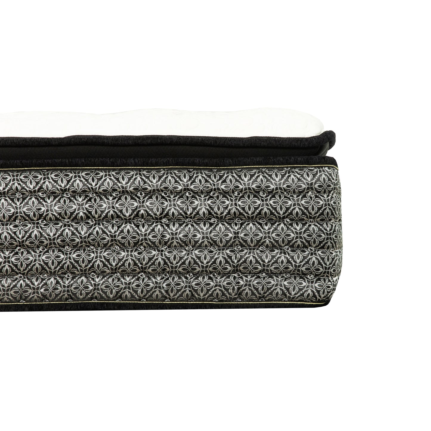 Luxury pillow top mattress with black and silver damask pattern fabric side