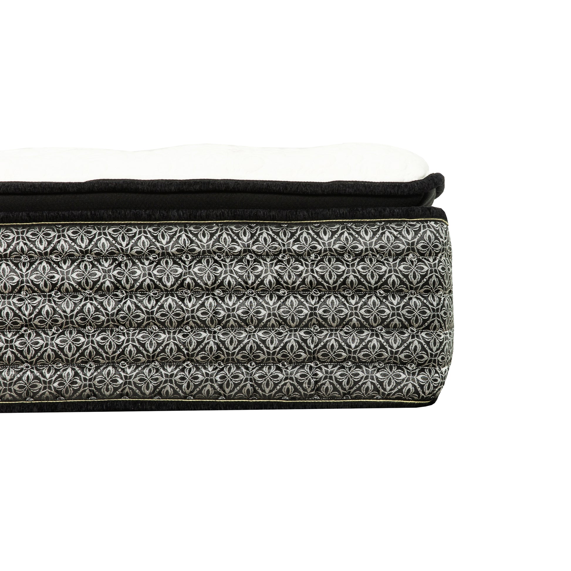Luxury pillow top mattress with black and silver damask pattern fabric side