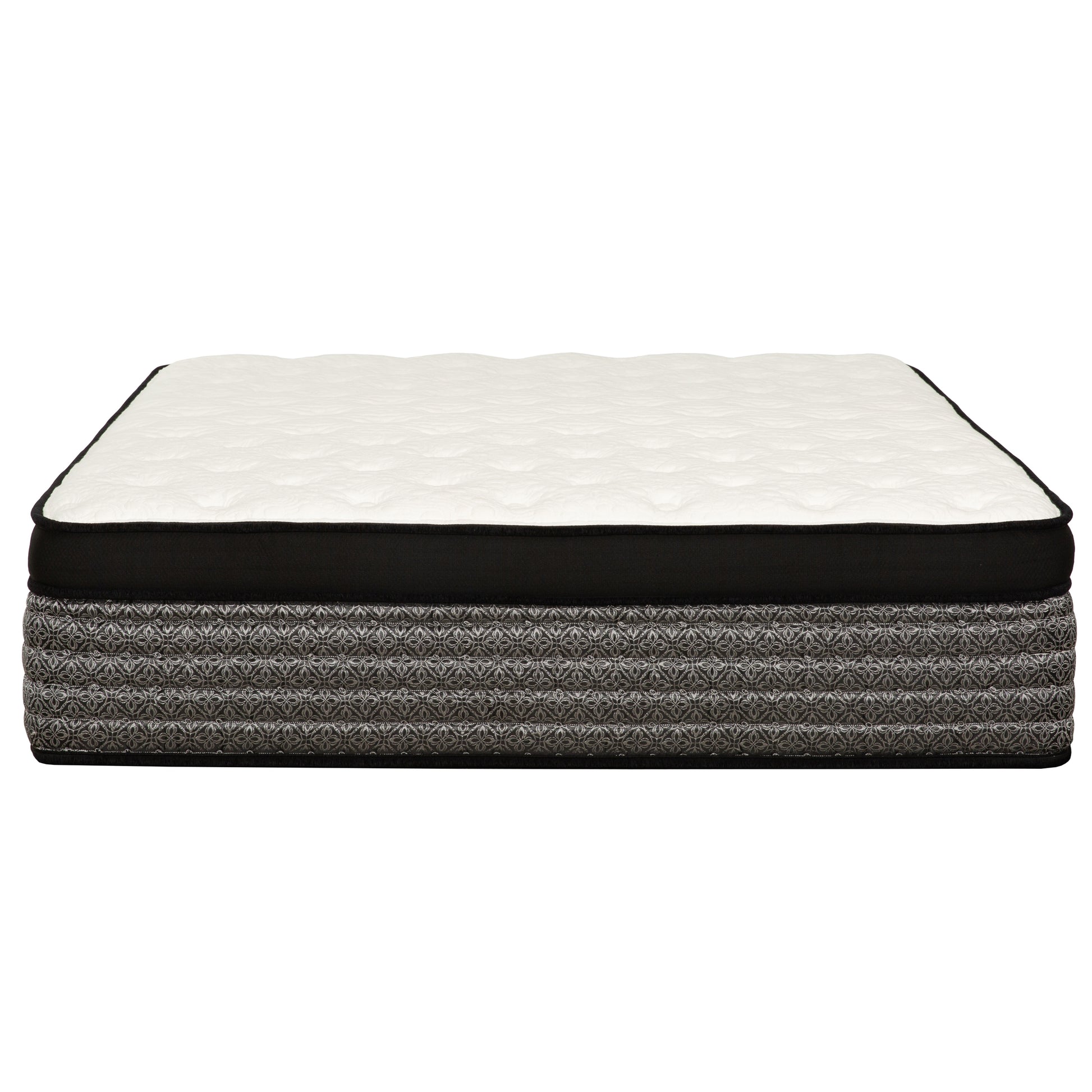 Plush white quilted pillow top mattress with decorative grey patterned sides