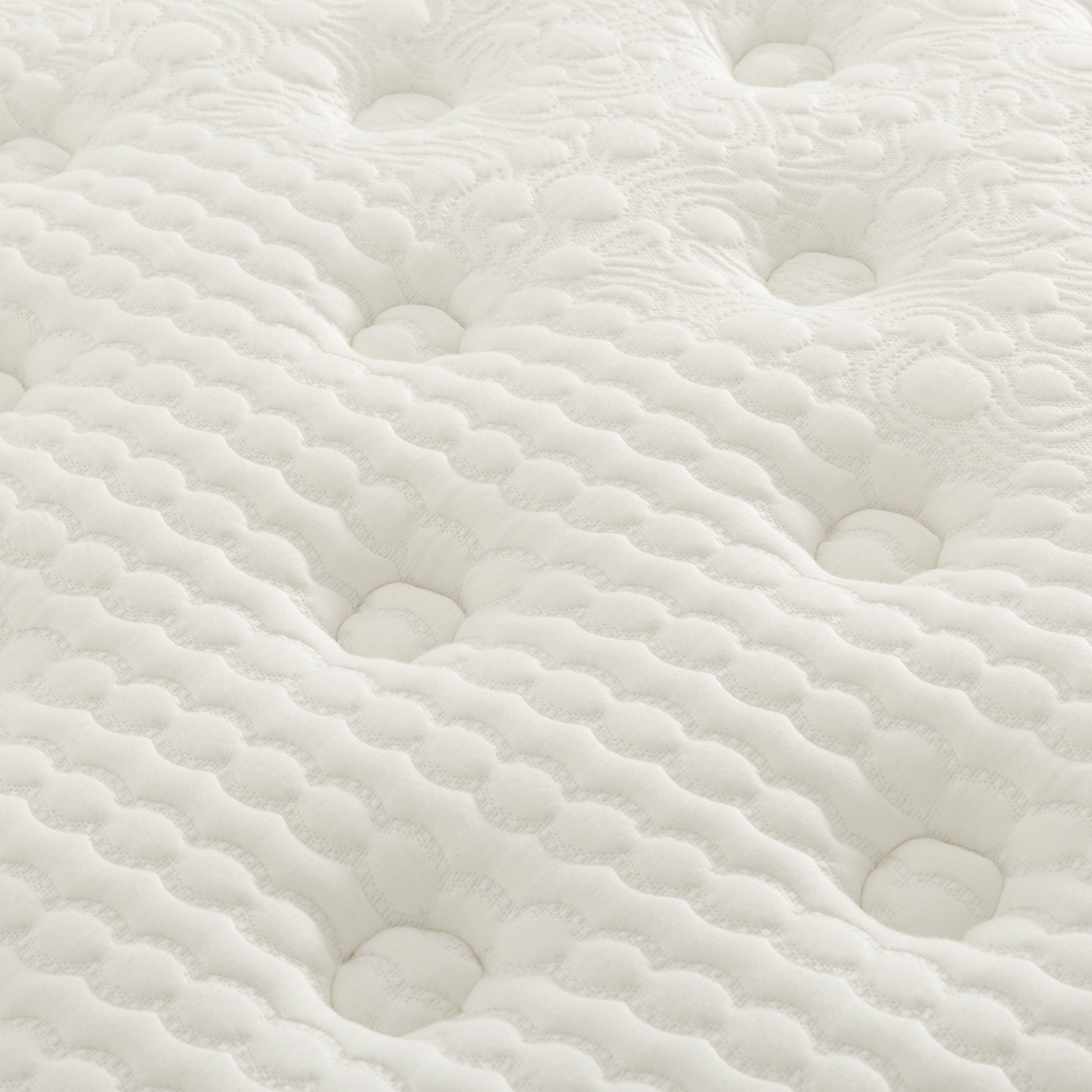 Closeup of quilted white mattress fabric with dimpled pattern for comfort