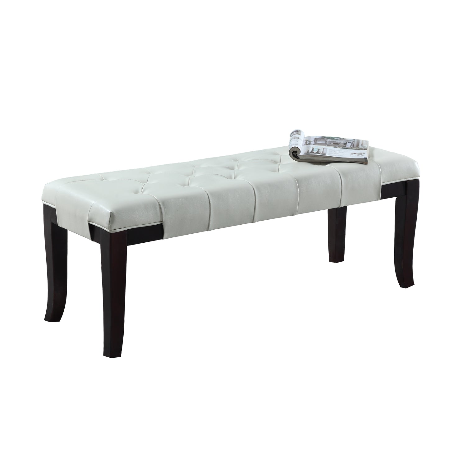 Tufted white leather bench with dark wood legs