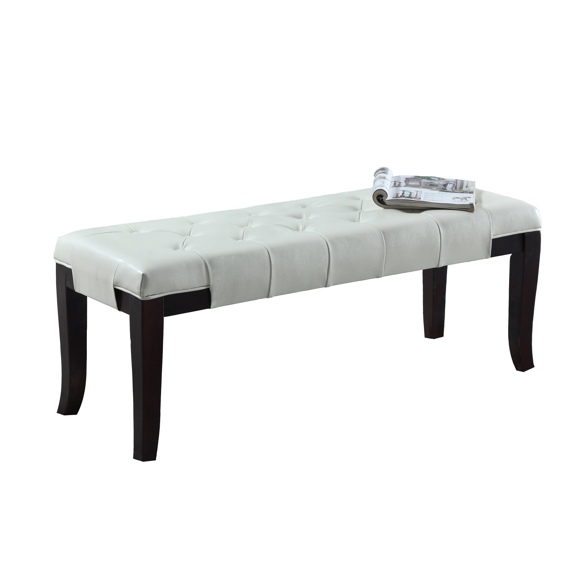 Tufted white leather bench with dark wood legs