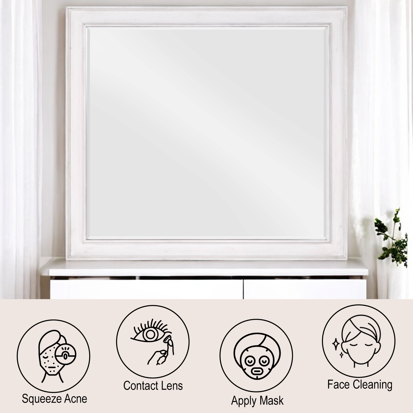 Large white framed vanity mirror for makeup application