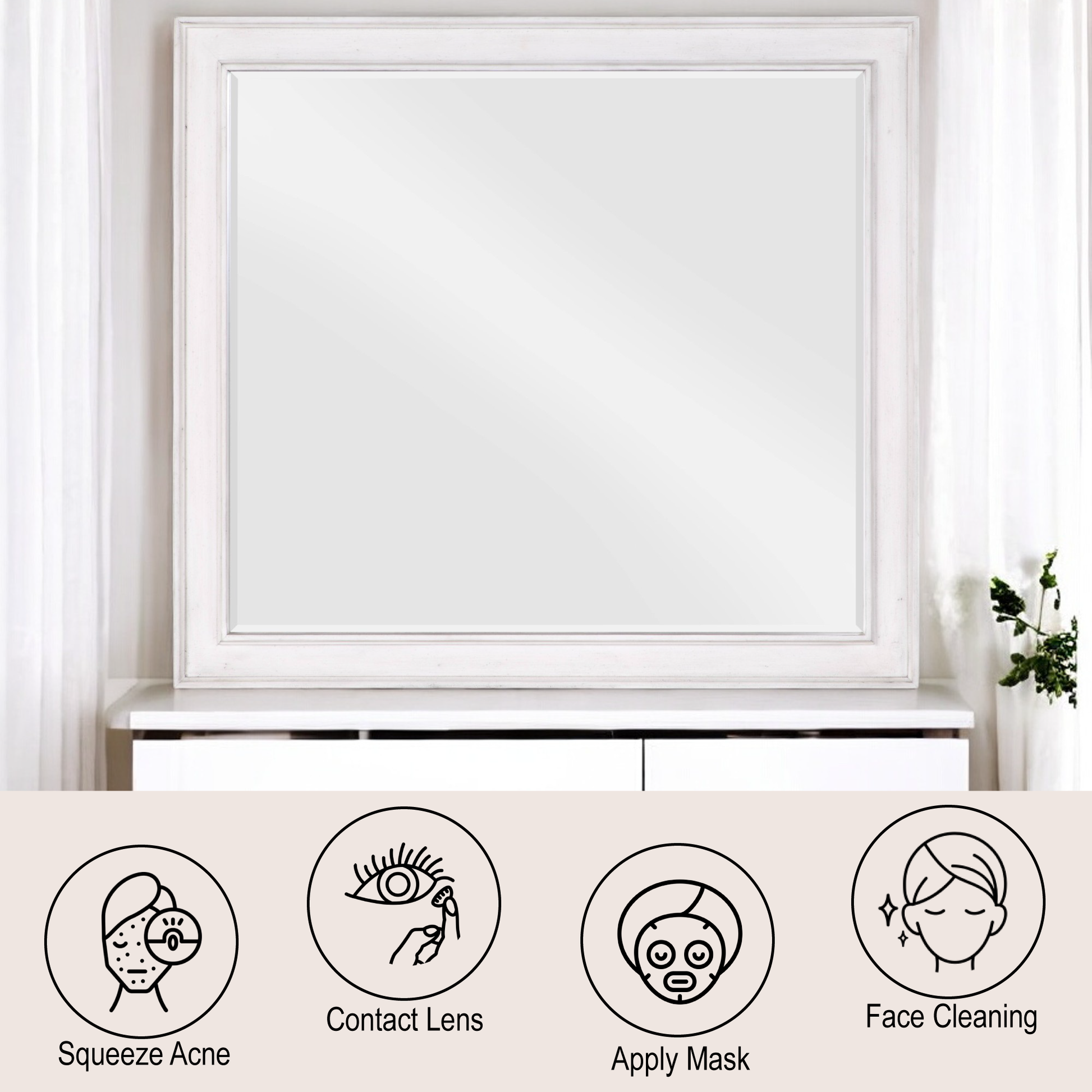 Large white framed vanity mirror for makeup application