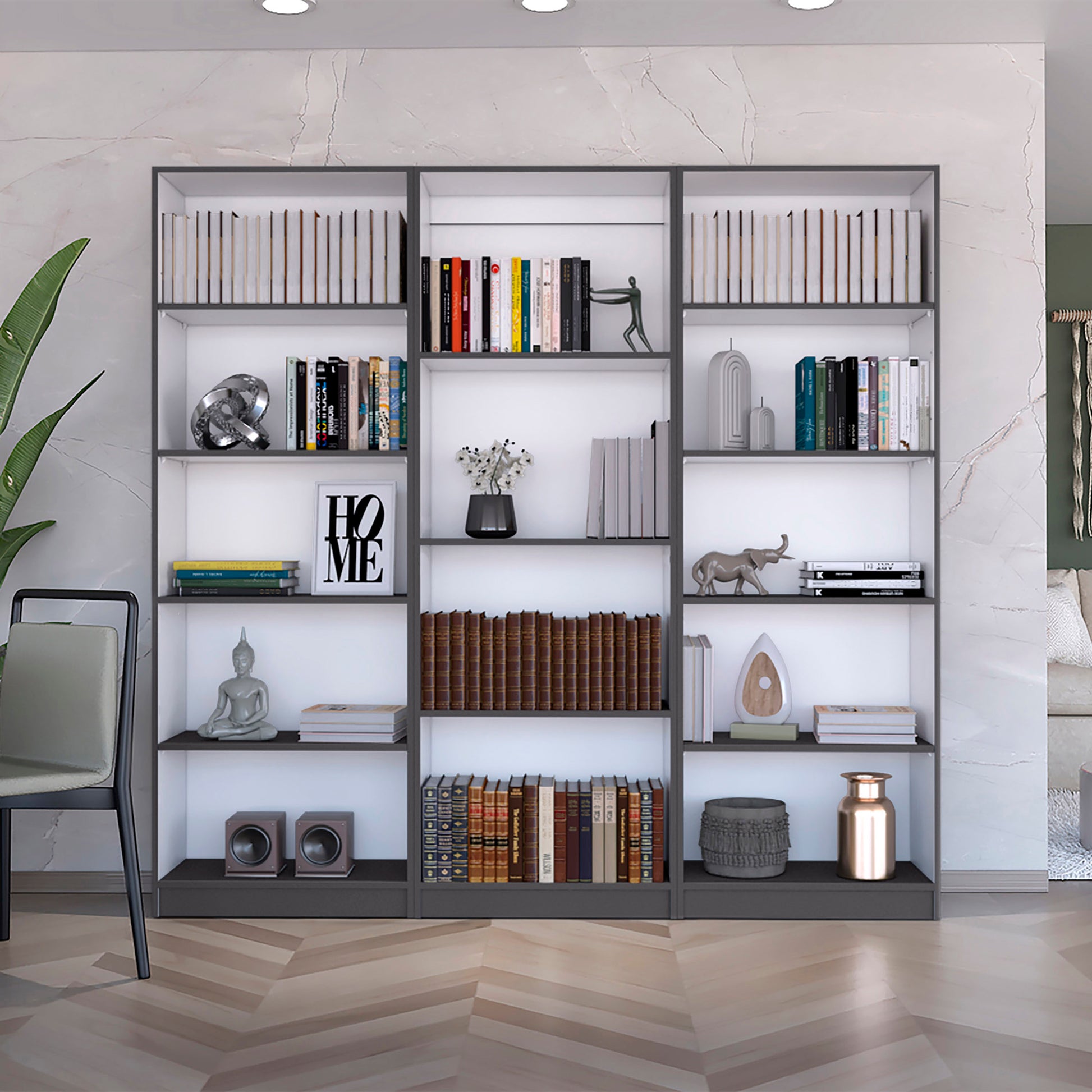 Grey modern bookshelf filled with assorted books and decorative items