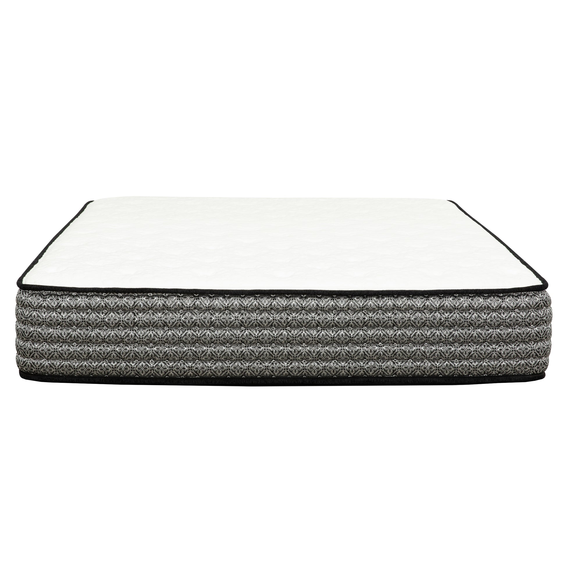 Plush queen size mattress with white quilted top and patterned gray side border