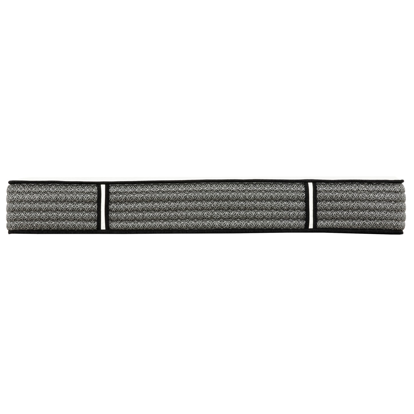 Gray patterned mattress with a white top and black trim for comfortable sleep