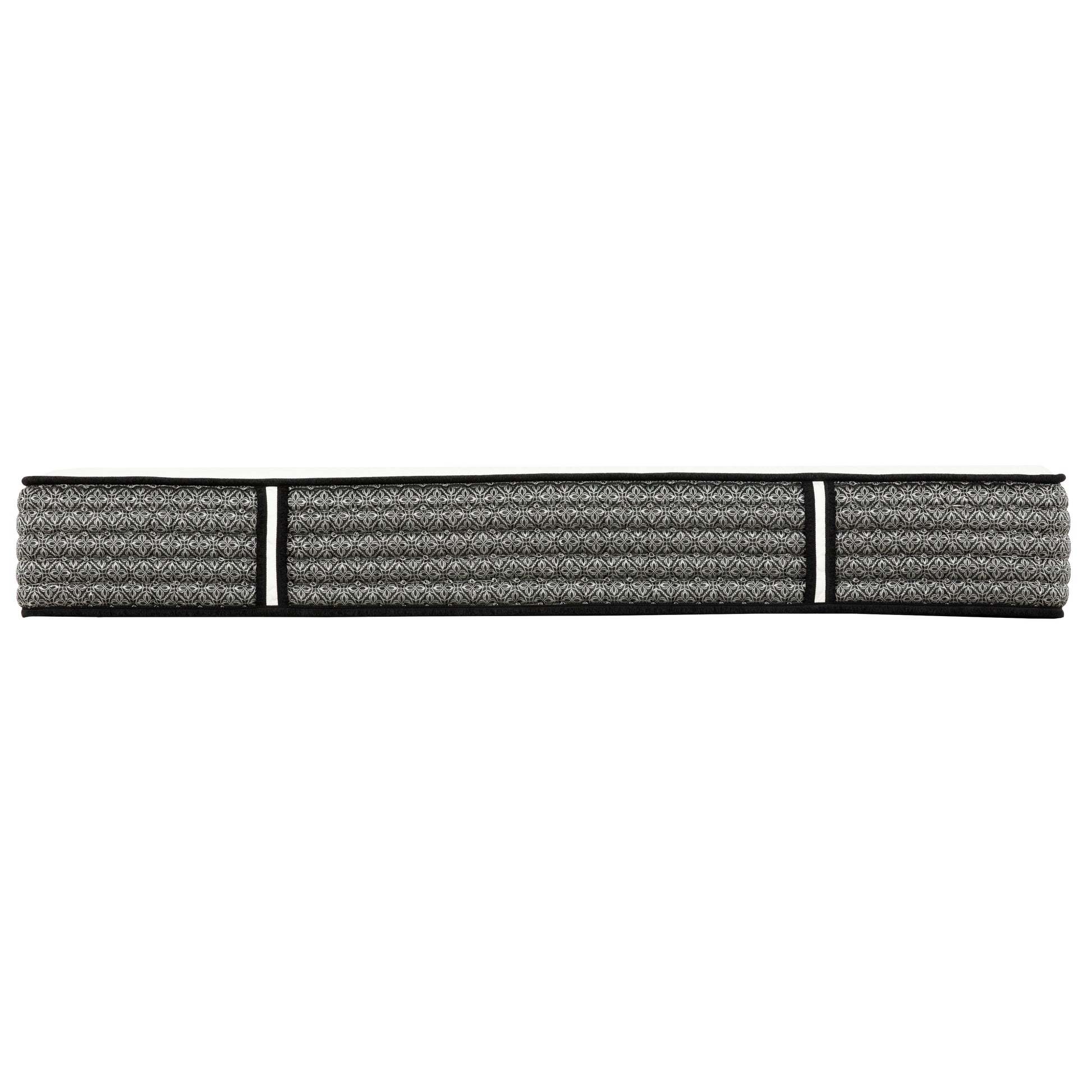 Gray patterned mattress with a white top and black trim for comfortable sleep