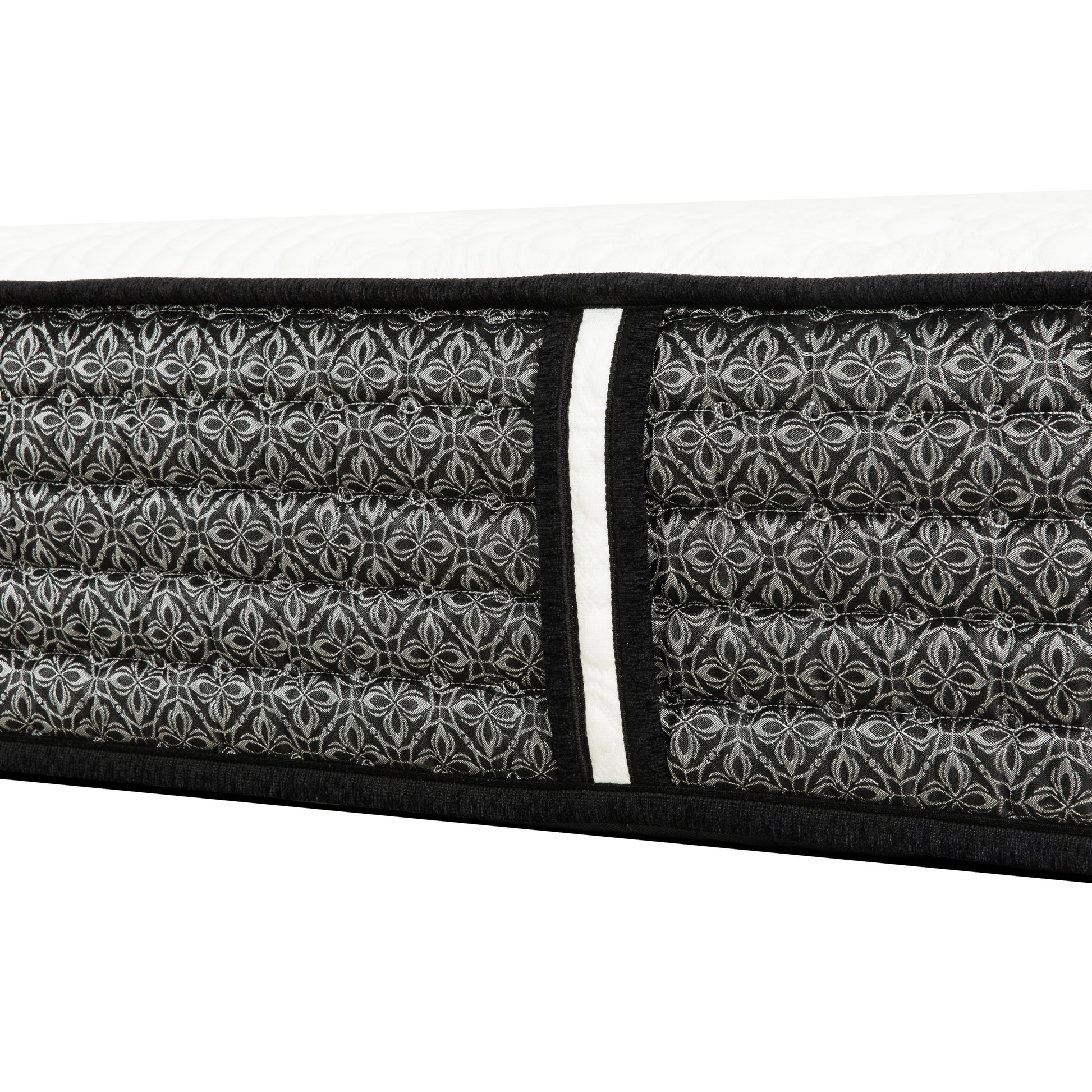 Closeup of a plush mattress side with a black damask pattern and white accent stripe