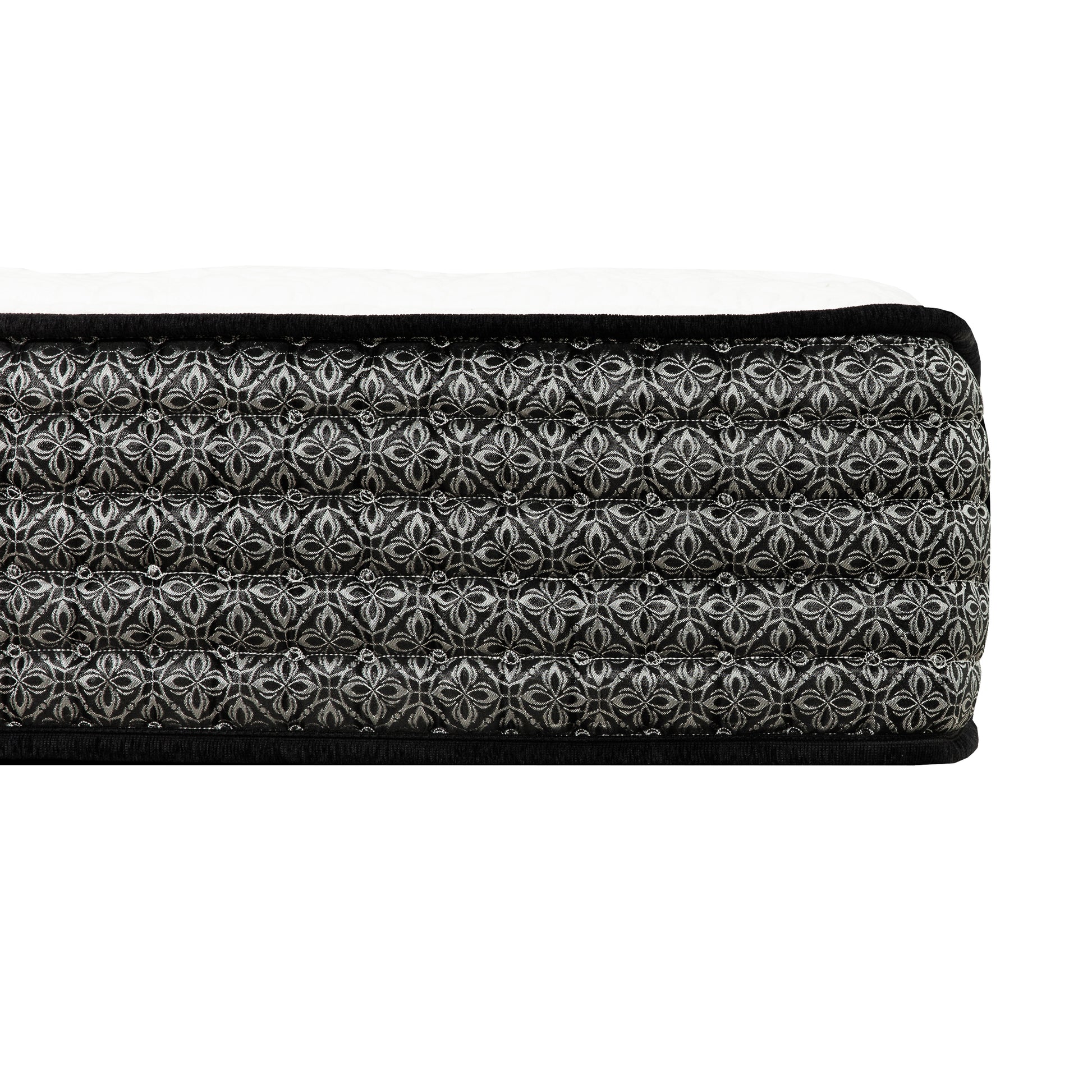 Black quilted mattress side with ornate silver damask pattern and white top