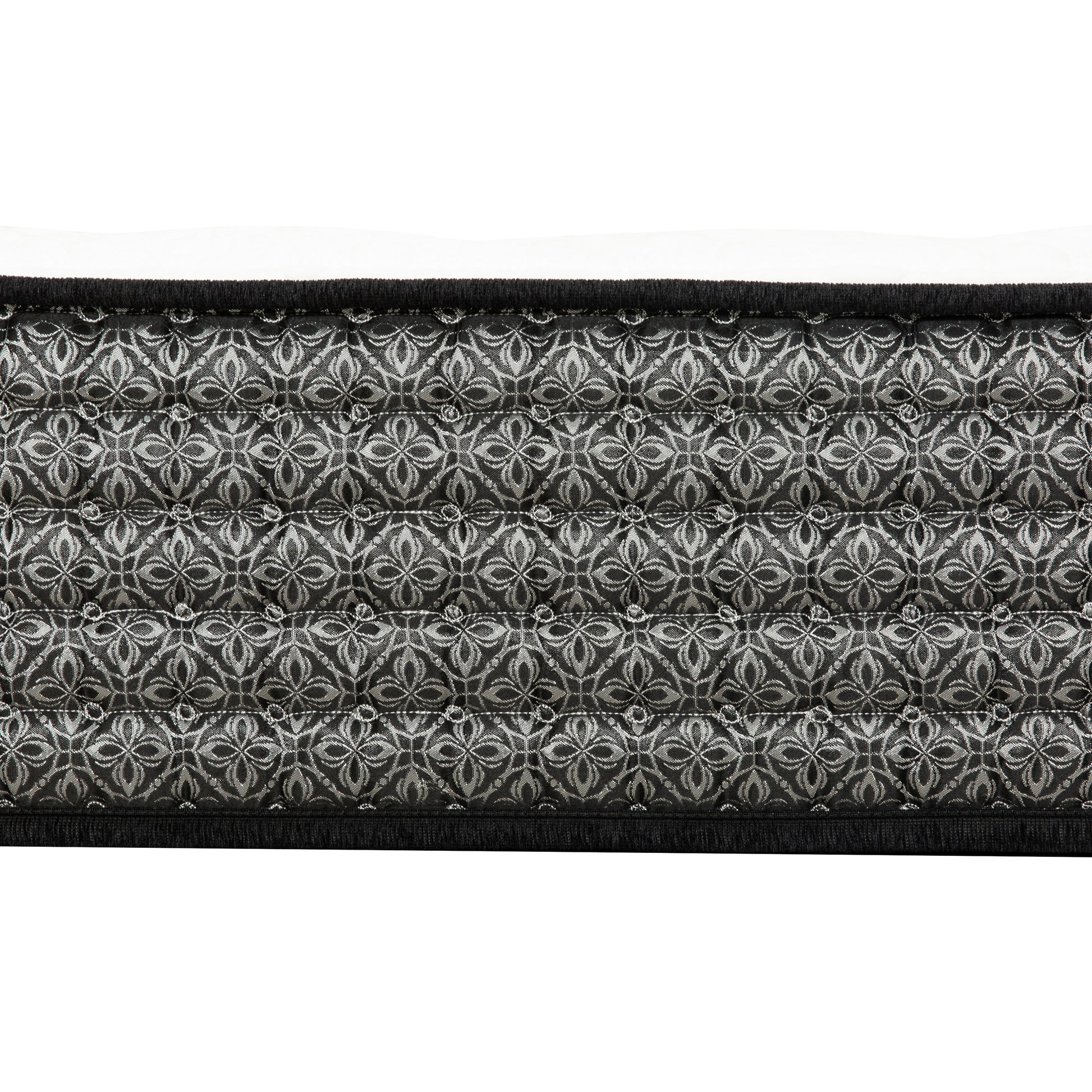 Black and silver jacquard patterned mattress fabric with decorative stitching detail