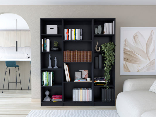 Dark gray modern bookshelf filled with various books and decor