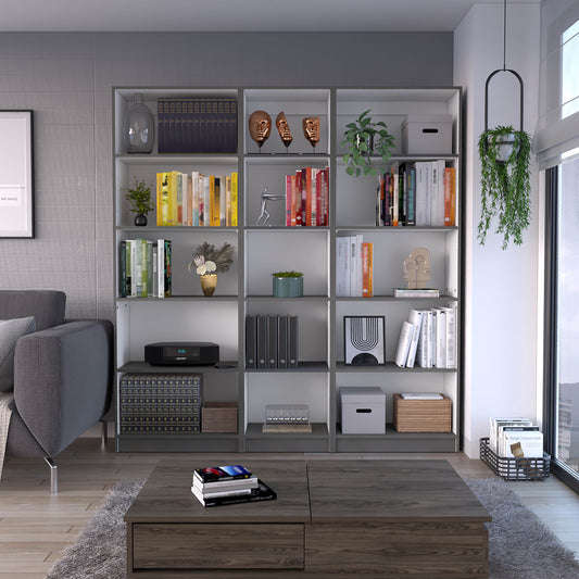 Modern bookshelf with varied book arrangements and decorative items