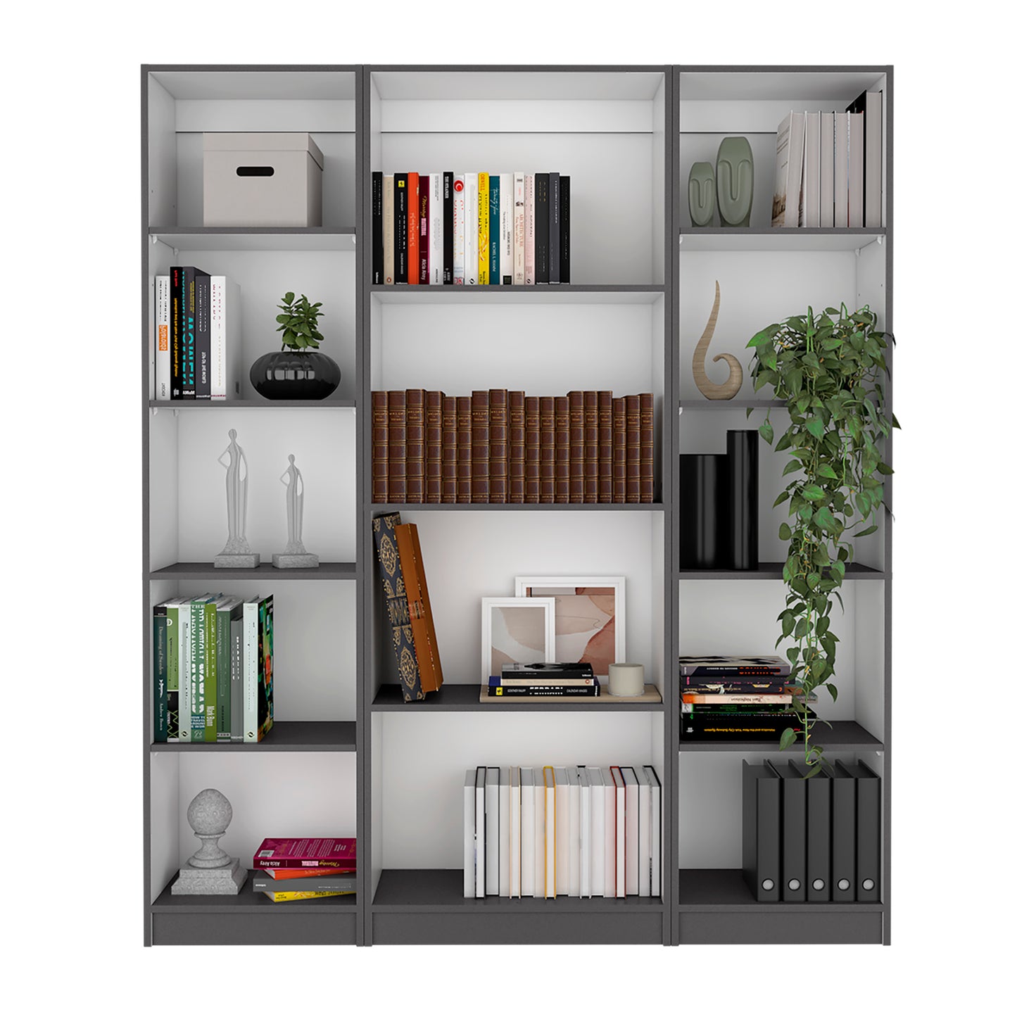 Modern grey modular shelving unit with diverse book collection