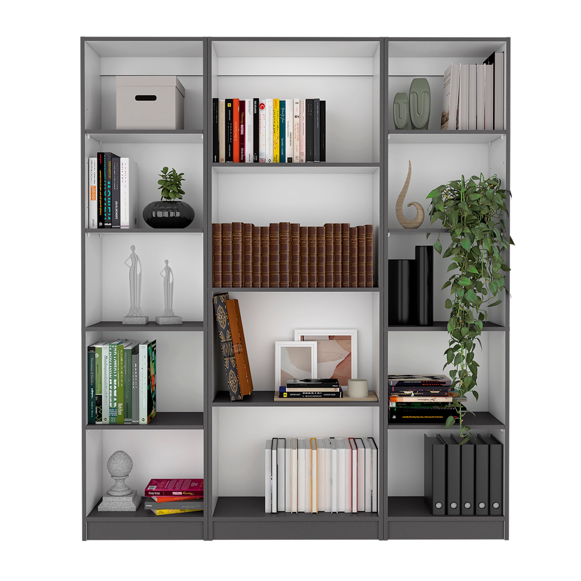 Modern grey modular shelving unit with diverse book collection