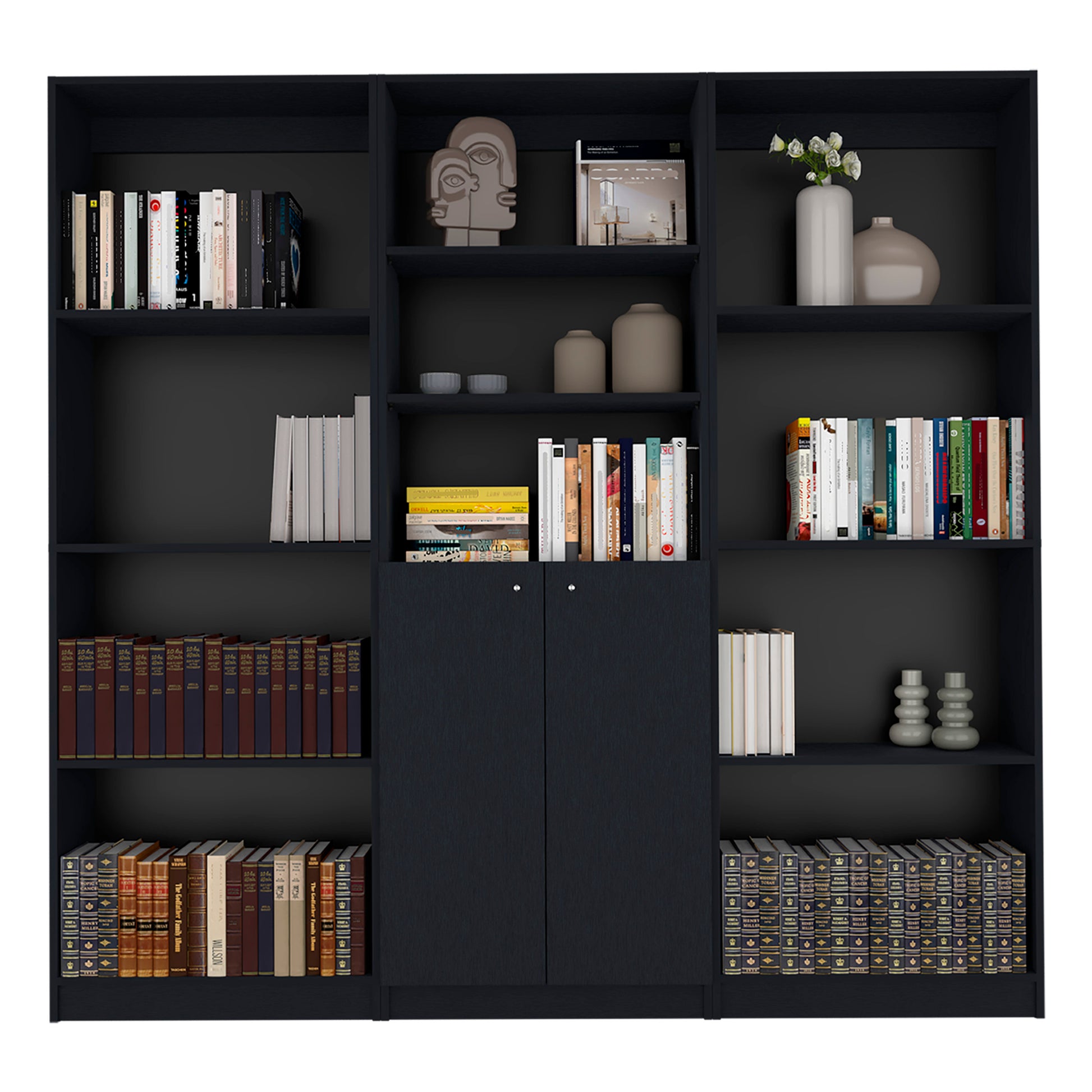 Dark blue modern bookshelf filled with various novels and decor