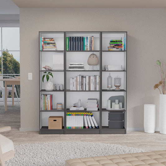 Modern grey bookshelf with an organized collection of books and decorative items