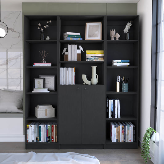Dark grey modern bookshelf with framed art and books