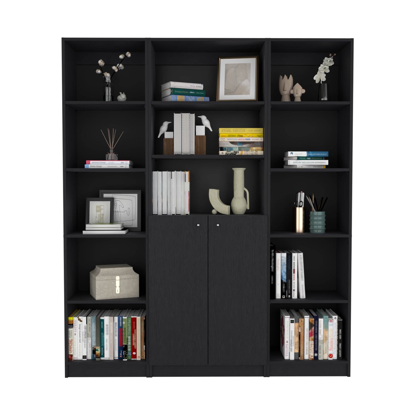 Modern black bookcase filled with books and decorative items