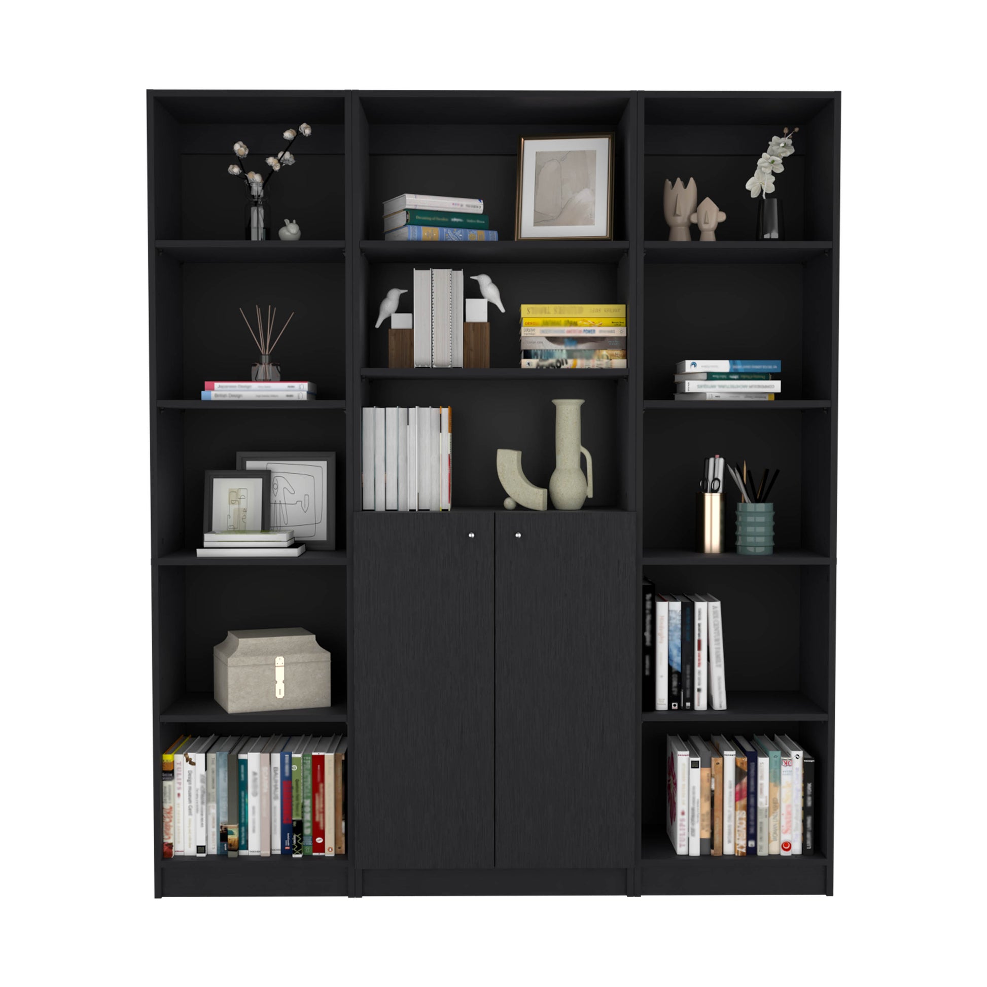 Modern black bookcase filled with books and decorative items