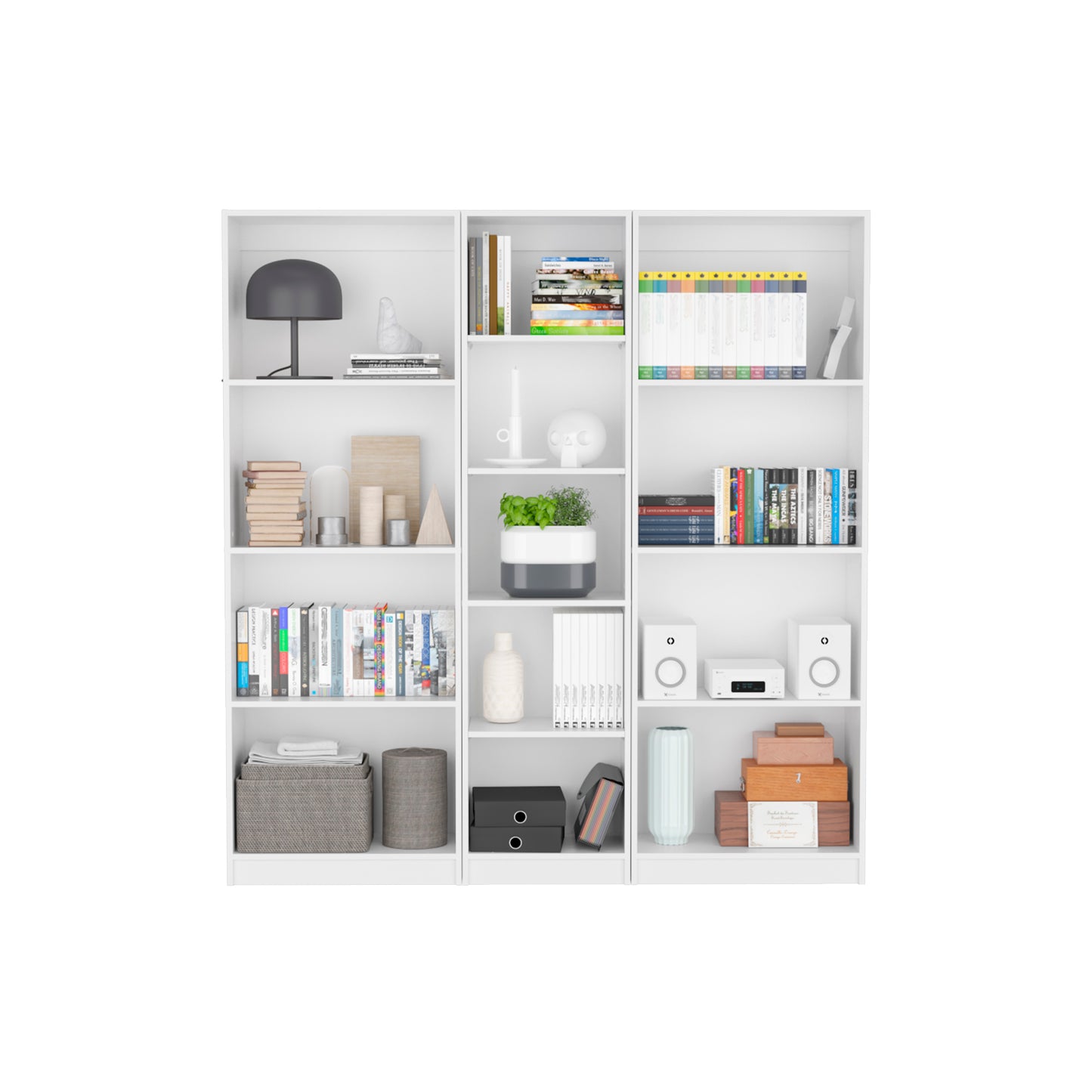 Black minimalist desk lamp with a round shade and adjustable neck on a white shelf