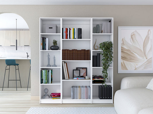 White modern modular bookshelf with books and decor