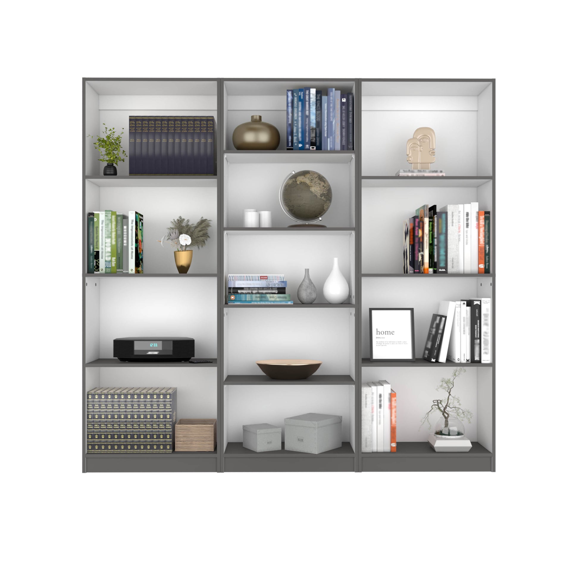 Dark grey multishelf bookcase filled with decorative items