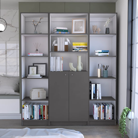 Modern grey and white bookcase with assorted books and decorative items