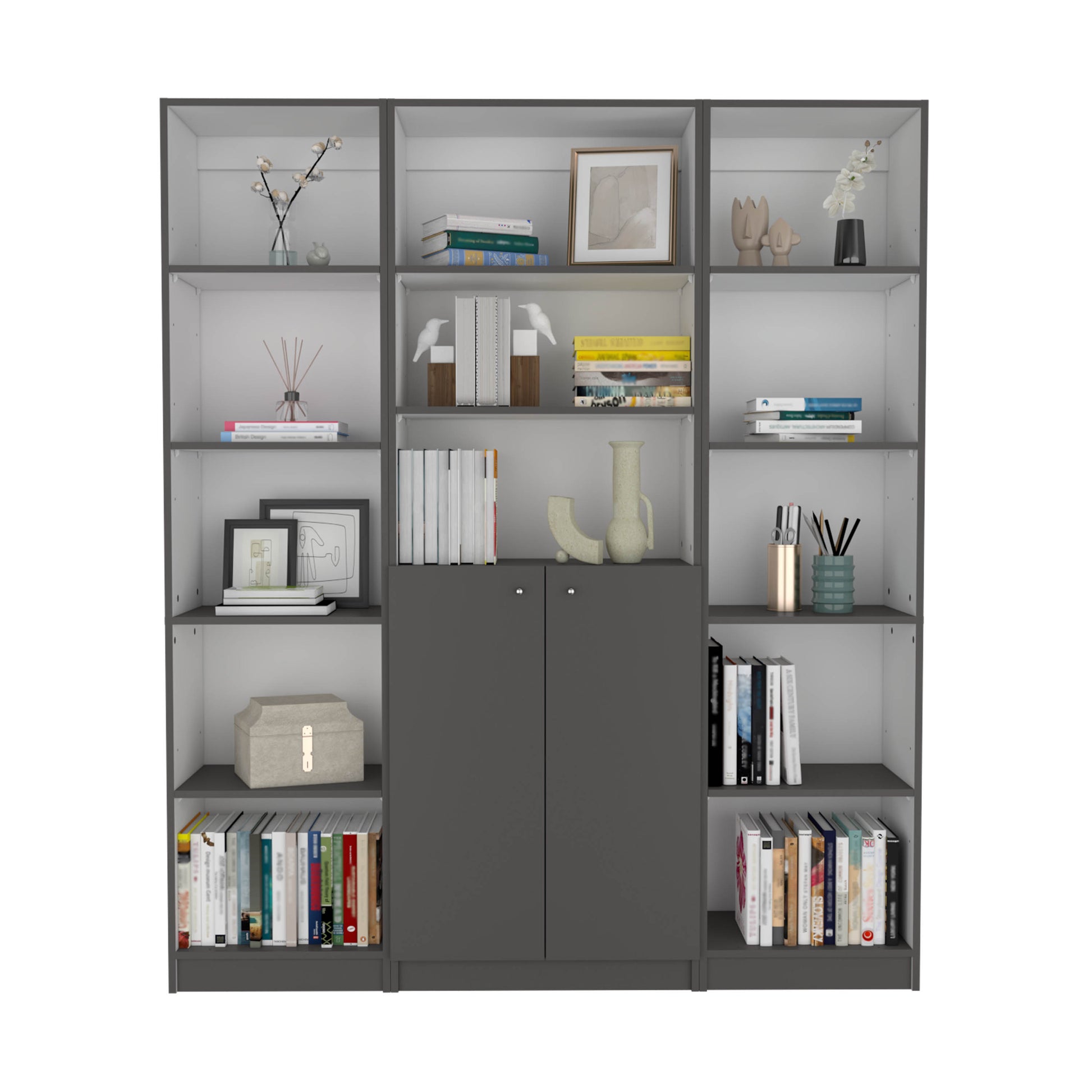 Modern gray storage bookshelf with decorative items and books on shelves