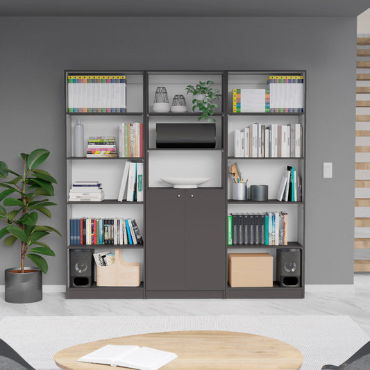 Dark gray modern bookshelf with multiple shelves organizing books speakers and decorative items