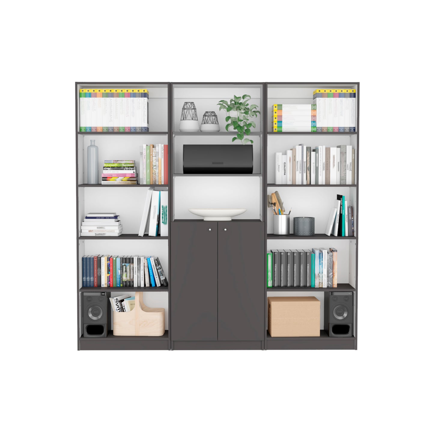 Tall grey modular bookshelf with dark gray doors and various items displayed