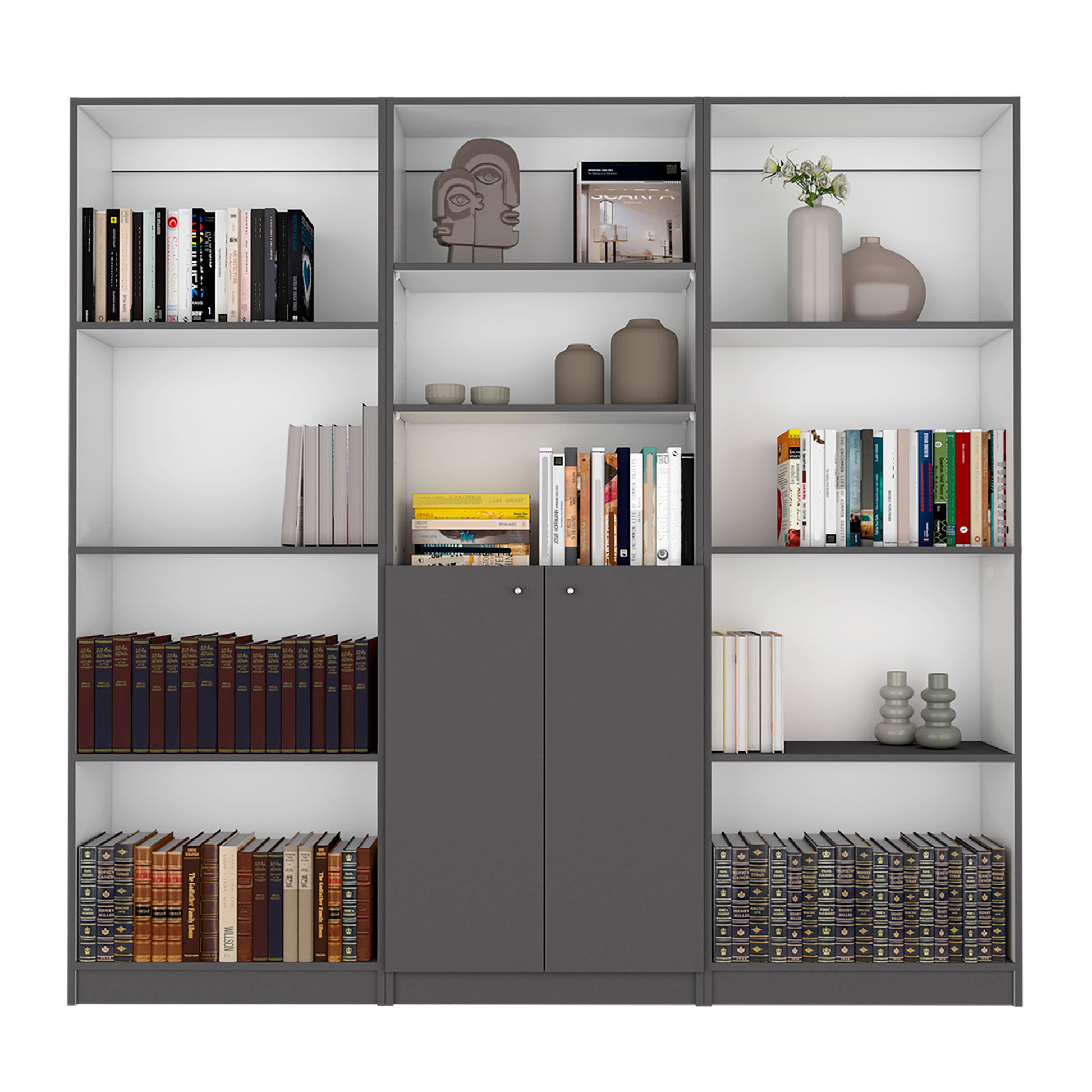 Modern grey bookshelf with a diverse collection of books and decorative vases