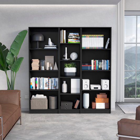 Modern black modular bookshelf filled with books decorative items and storage baskets