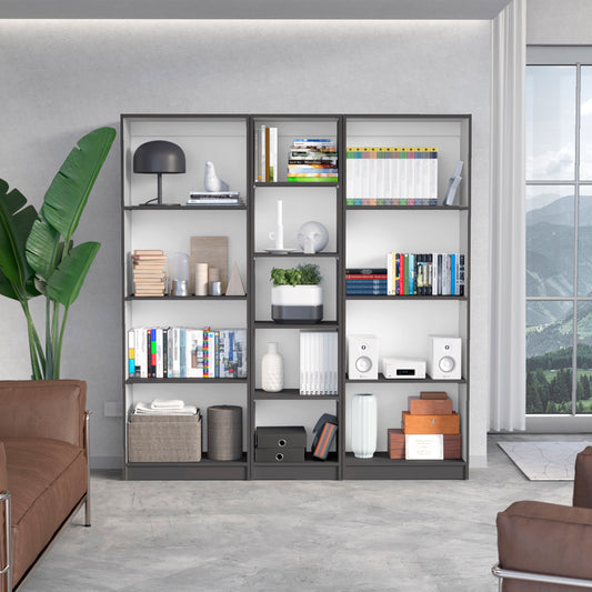 Modern gray bookshelf with organized books decorative items and storage bins
