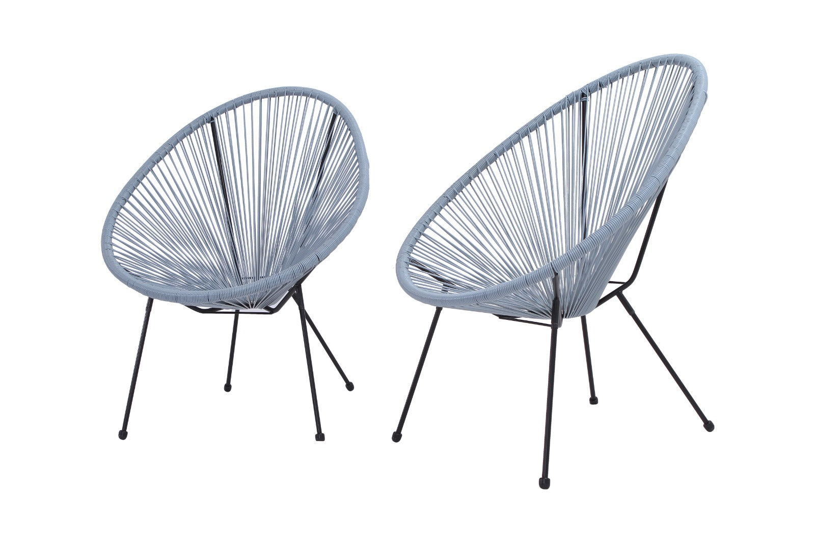 Two light blue woven cord chairs with black metal legs perfect for patio seating