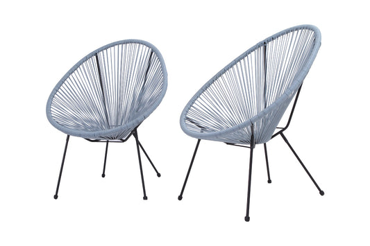 Two light blue woven cord chairs with black metal legs perfect for patio seating
