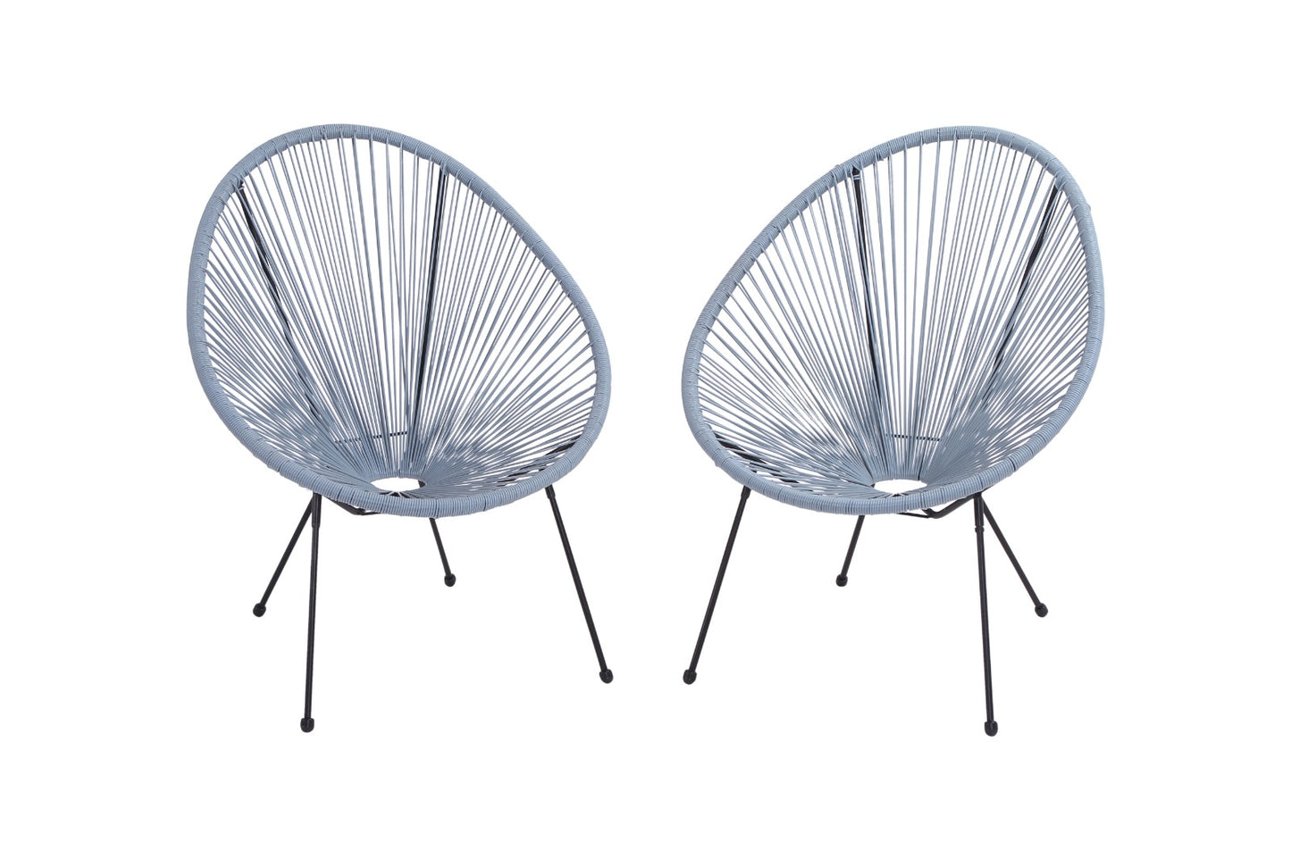 Two light blue woven Acapulco chairs with black metal legs perfect for outdoor seating