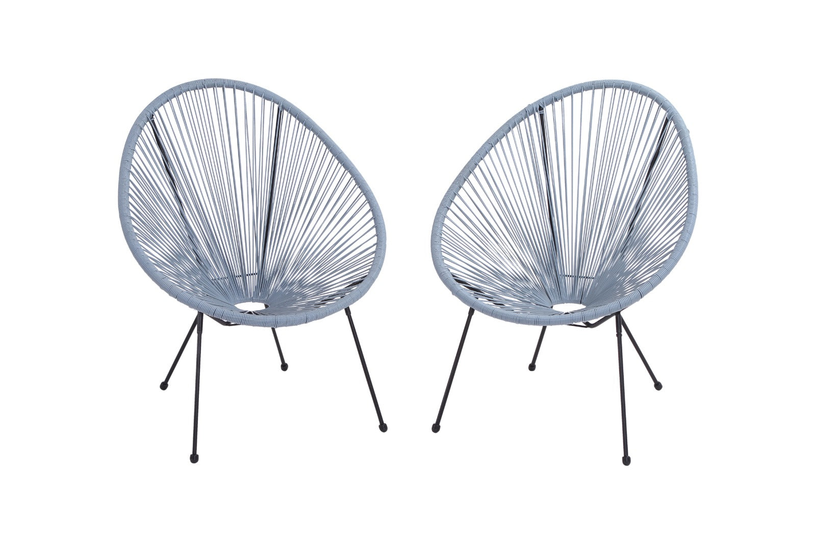 Two light blue woven Acapulco chairs with black metal legs perfect for outdoor seating